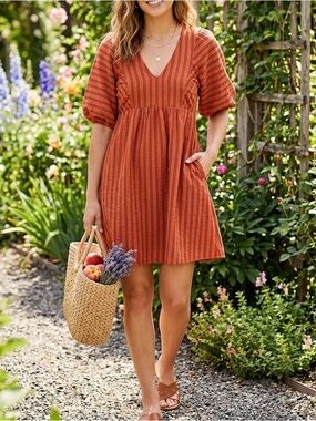 A New Day Rust Terracotta Striped Puff Sleeve V-Neck Mini Dress🤩